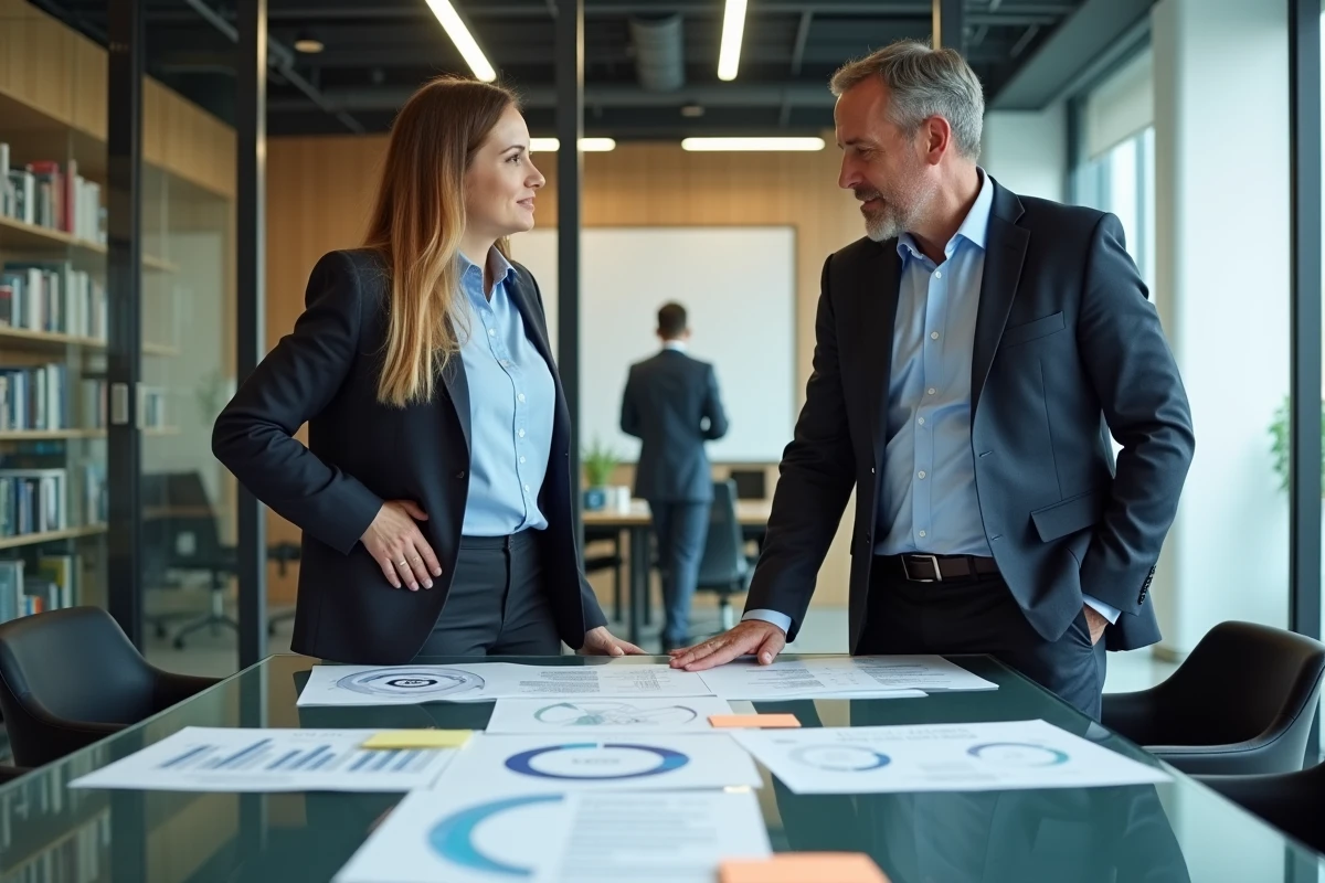 Deux professionnels du marketing discutant des stratégies pour optimiser le budget des outils d'intelligence artificielle
