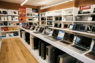 Boutique de revente de matériel informatique reconditionné en Bourgogne-Franche-Comté avec rayons d'ordinateurs et smartphones remis à neuf