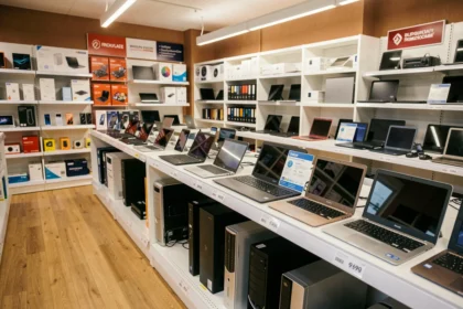 Boutique de revente de matériel informatique reconditionné en Bourgogne-Franche-Comté avec rayons d'ordinateurs et smartphones remis à neuf