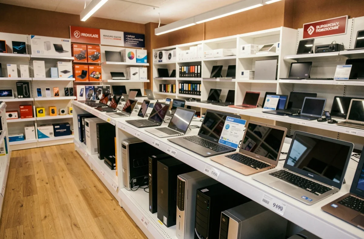Boutique de revente de matériel informatique reconditionné en Bourgogne-Franche-Comté avec rayons d'ordinateurs et smartphones remis à neuf