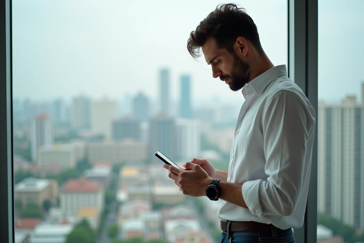 Homme consultant une application pour sauvegarder une story Instagram sur son téléphone en milieu urbain