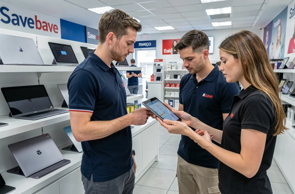 Intérieur du magasin Save Besançon avec un technicien conseillant une cliente sur des produits reconditionnés