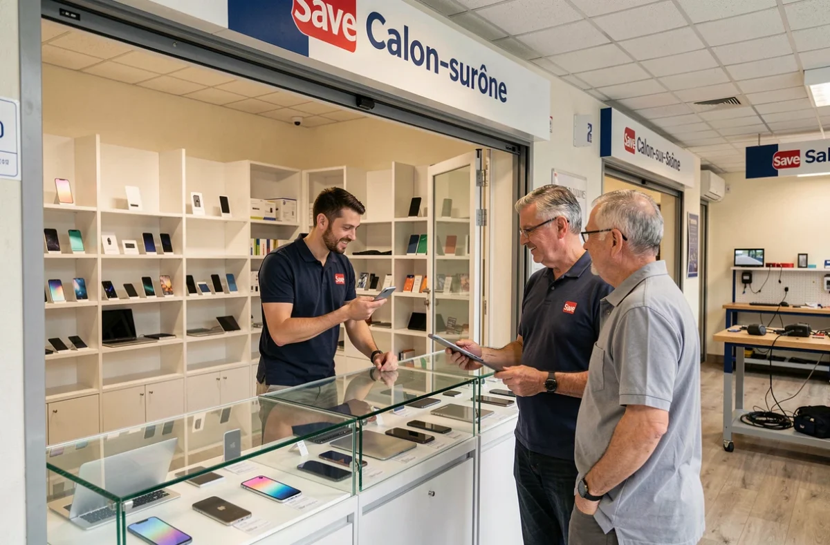 Magasin Save Chalon-sur-Saône avec un vendeur présentant un smartphone reconditionné à un client
