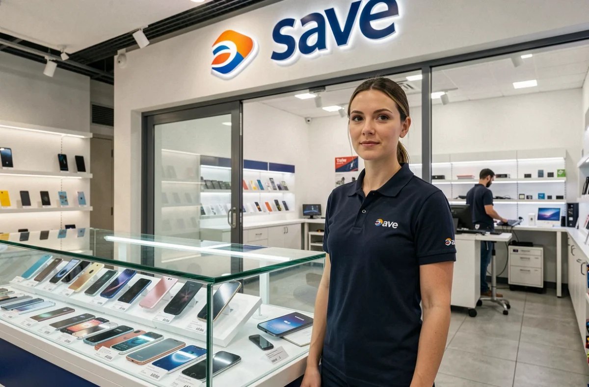 Magasin Save Dijon avec une conseillère présentant des smartphones reconditionnés dans une vitrine