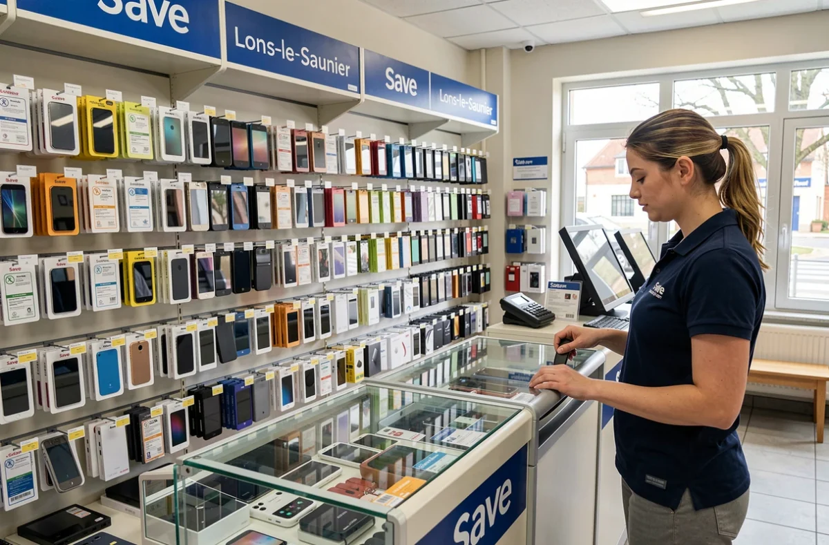 Boutique Save Lons-le-Saunier avec une conseillère traitant une vente d'appareil reconditionné à la caisse