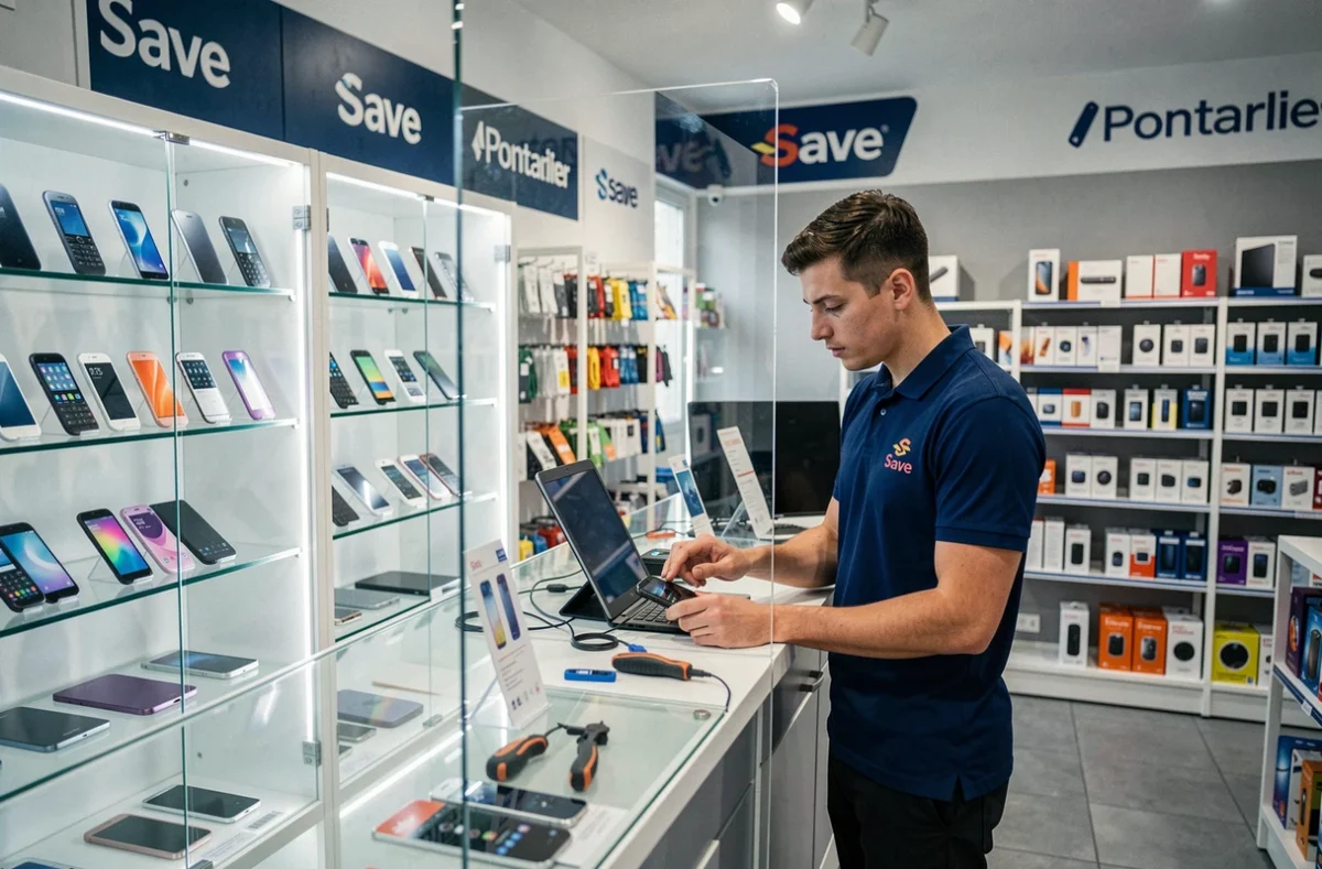 Magasin Save Pontarlier avec un technicien effectuant un diagnostic sur un smartphone à l'atelier
