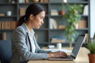 Femme sécurisant sa boîte mail académique en créant un mot de passe fort sur son ordinateur portable au bureau