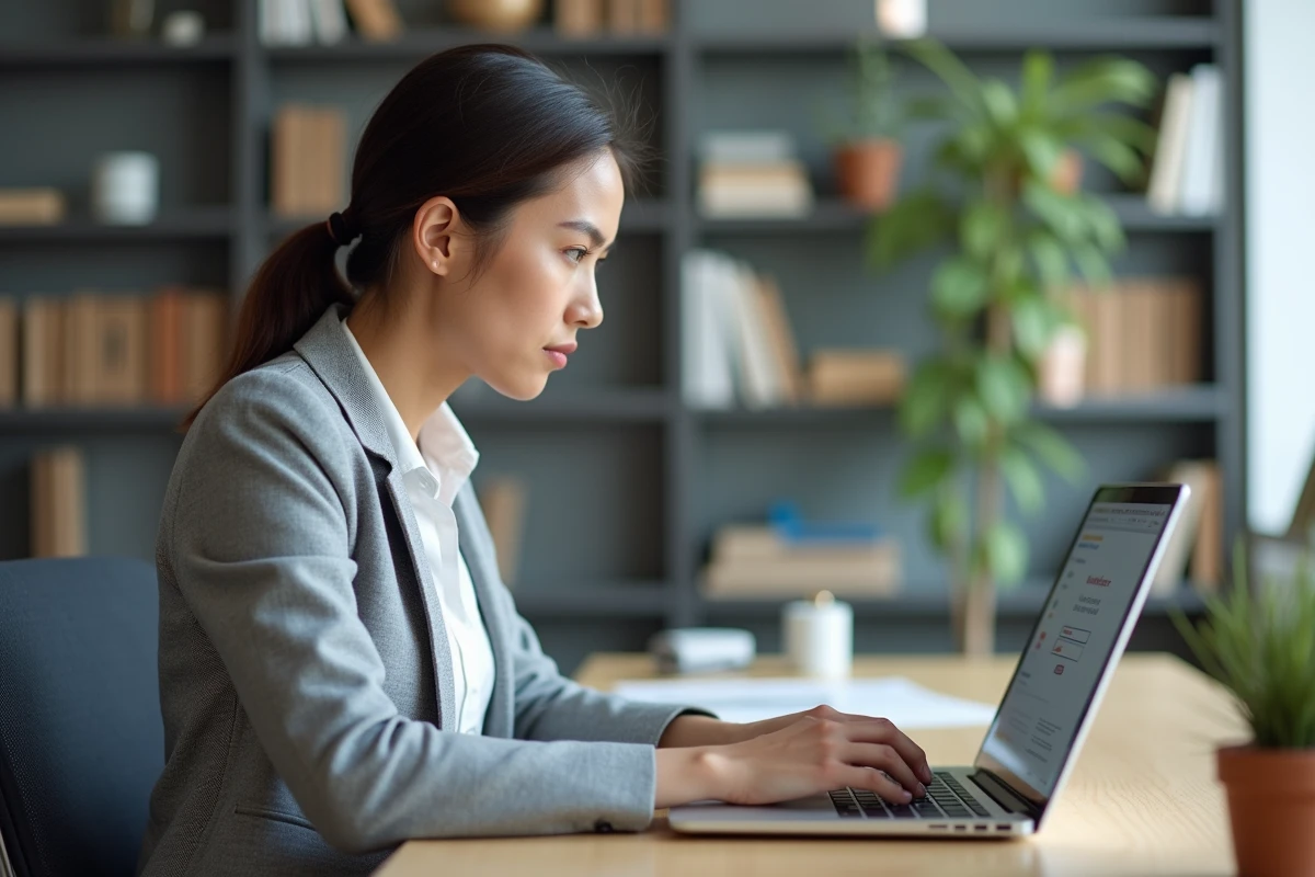 Femme sécurisant sa boîte mail académique en créant un mot de passe fort sur son ordinateur portable au bureau