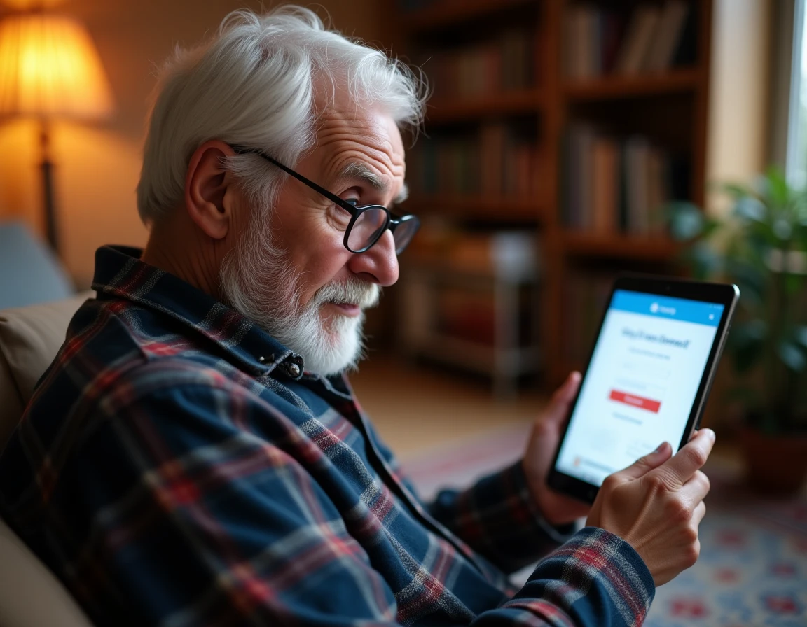 Un homme âgé seul dans son salon consultant une tablette pour créer une adresse email Orange de manière autonome