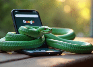 Serpent vert jade à côté d'un smartphone moderne