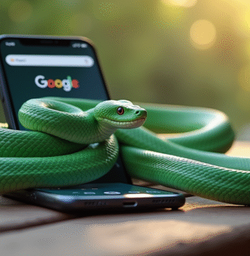 Serpent vert jade à côté d'un smartphone moderne