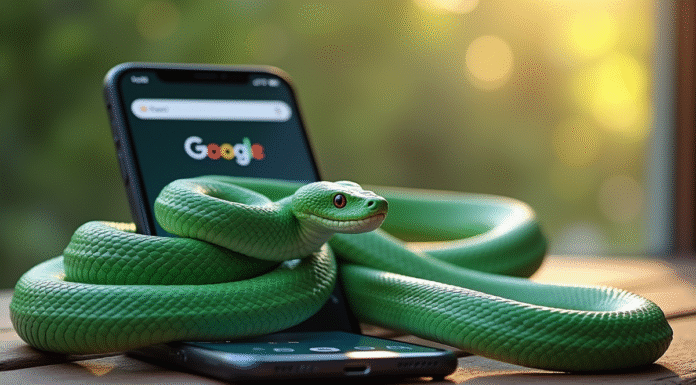 Serpent vert jade à côté d'un smartphone moderne