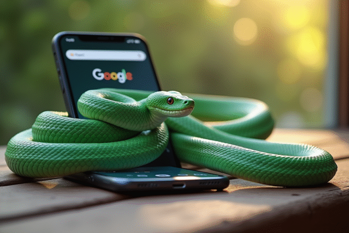 Serpent vert jade à côté d'un smartphone moderne