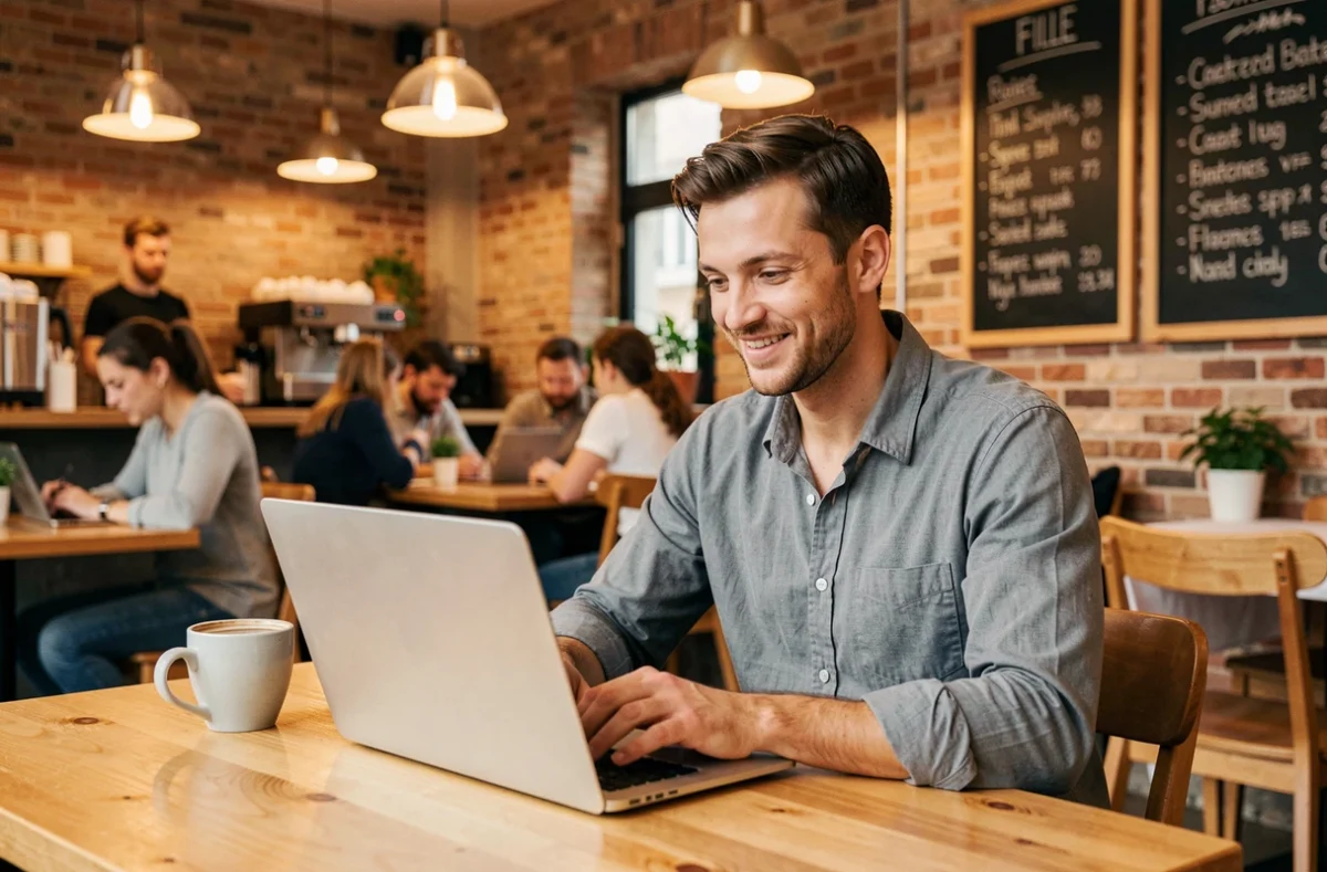 Technicien de Smart Coffee réparant un ordinateur portable dans un espace de travail café cosy à Lille