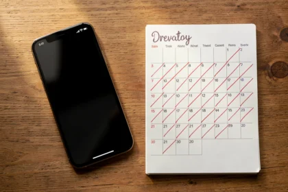 Smartphone posé sur un bureau à côté d'un calendrier de jours barrés