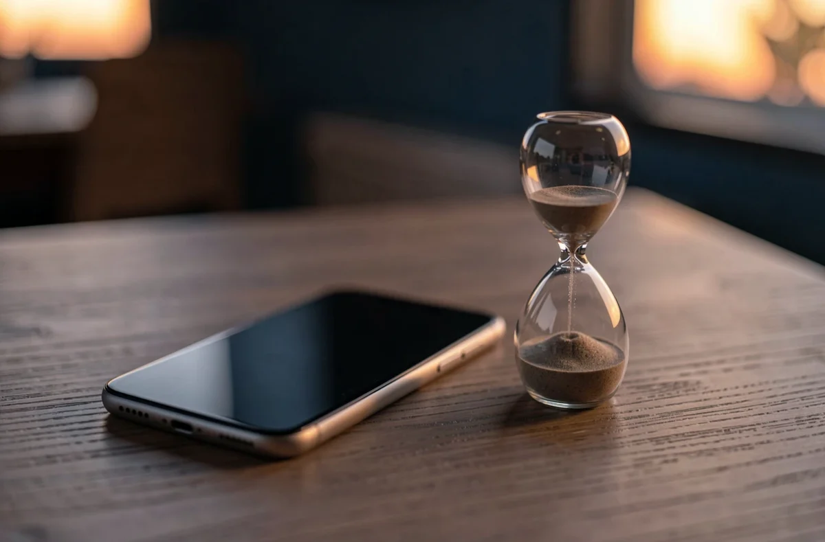 Smartphone posé sur une table avec un sablier presque vide à côté