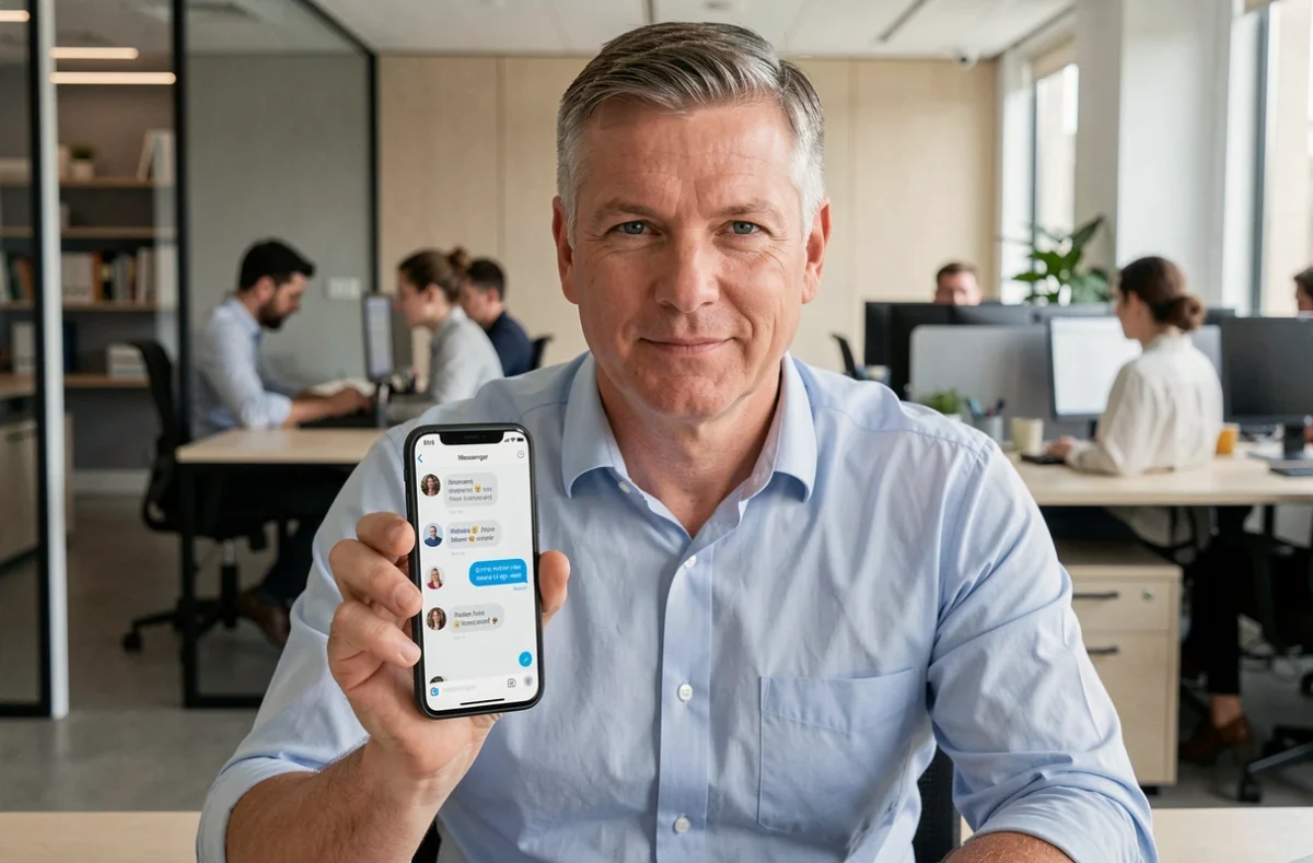 Homme consultant un sondage Messenger sur smartphone dans un bureau en open space