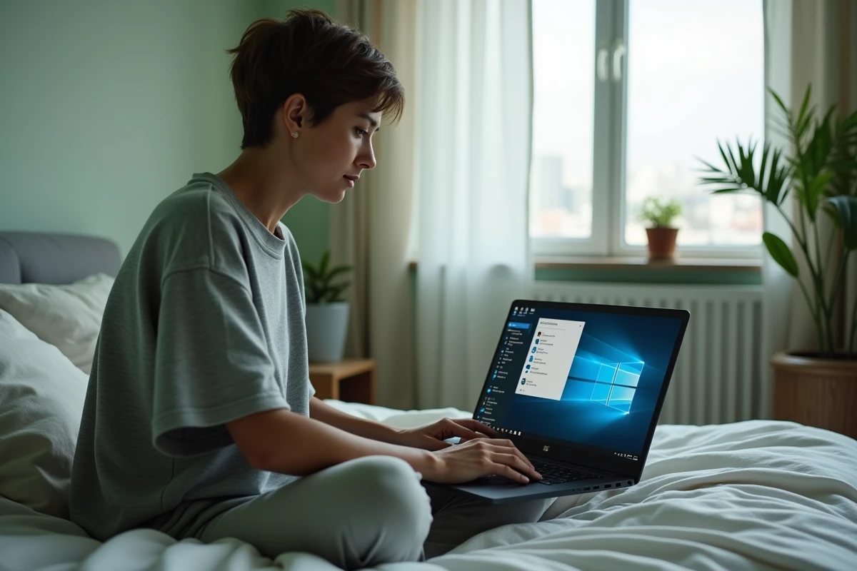 Femme supprimant les fichiers temporaires de FiveM sur un ordinateur portable posé sur un lit dans une chambre moderne