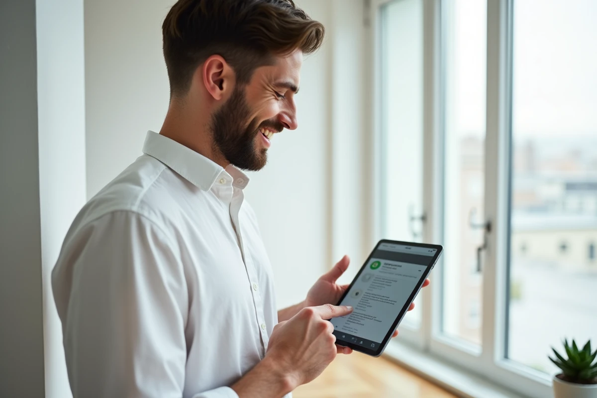 Personne utilisant une application de gestion du presse-papier Android sur une tablette dans un appartement scandinave