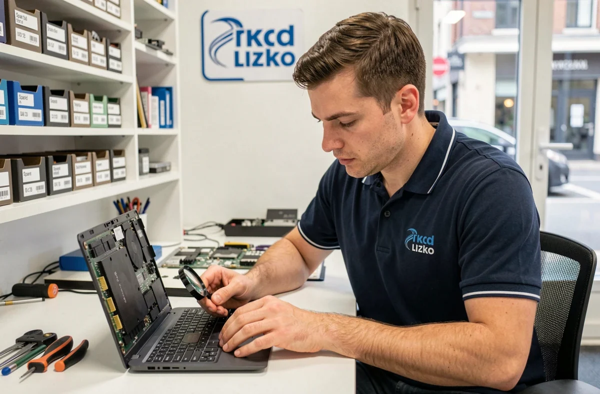 Technicien de Technofix examinant une carte mère d'ordinateur portable dans son atelier à Lille