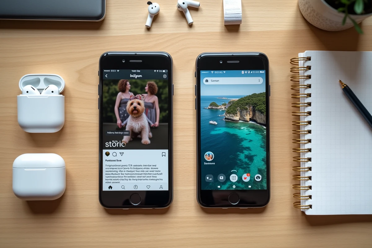 Vue en plongée de deux smartphones illustrant le processus de téléchargement d'une story Instagram via un site web