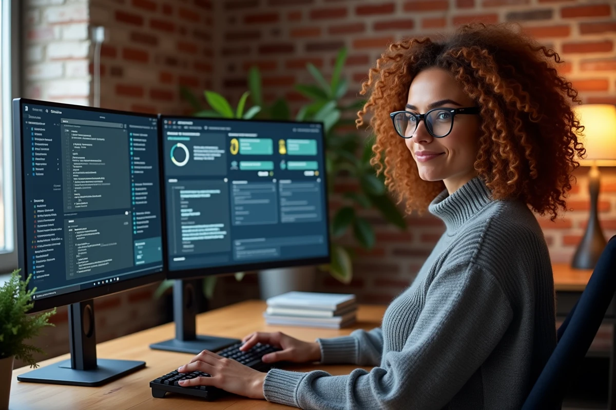 Professionnelle en télétravail configurant un pare-feu via une interface graphique de cybersécurité depuis son bureau à domicile