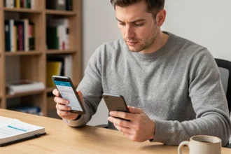 Homme comparant un Nokia Lumia 930 et un smartphone Android pour transférer ses données
