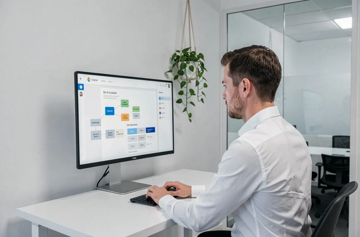 Développeur d'Uniflow à un bureau debout minimaliste devant un écran ultra-large affichant une interface d'application web et des diagrammes d'architecture API