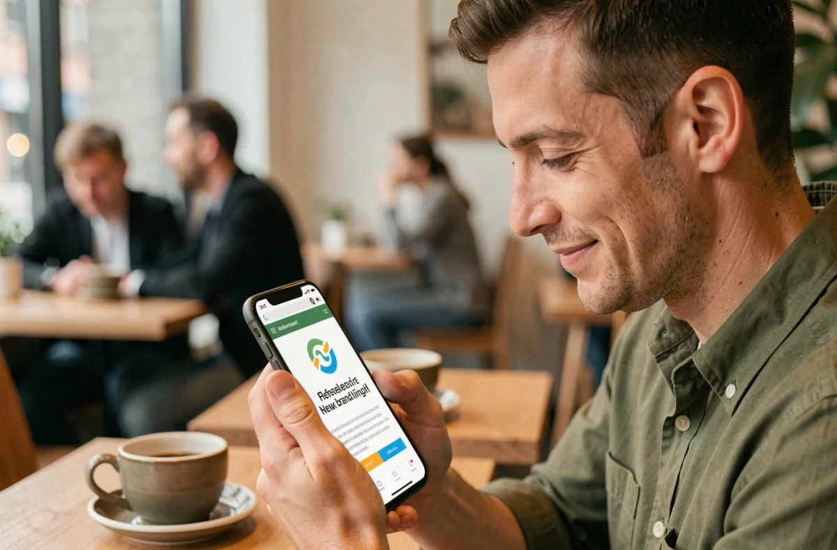 Homme découvrant le nouveau nom et logo d'une marque sur son smartphone dans un café, symbolisant l'impact du rebranding sur les utilisateurs en 2026
