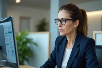 Femme utilisant l'interface Mélanie Web sur un ordinateur de bureau dans un bureau administratif moderne