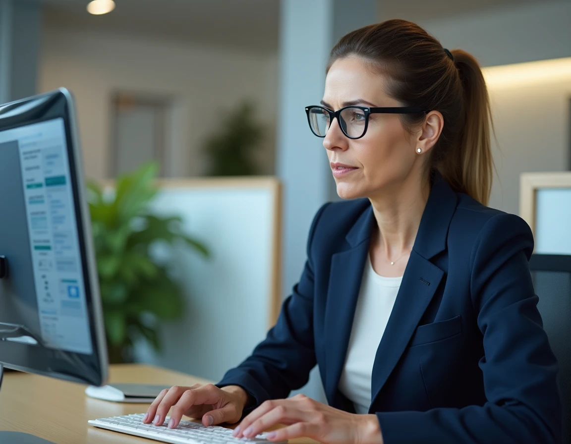 Femme utilisant l'interface Mélanie Web sur un ordinateur de bureau dans un bureau administratif moderne