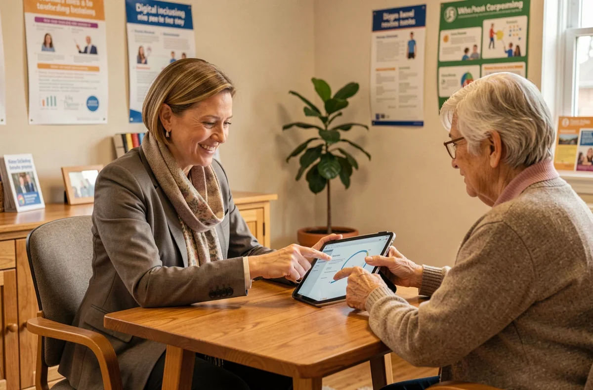 Conseillère numérique de VAN71 2.0 accompagnant un senior dans l'utilisation d'une tablette numérique