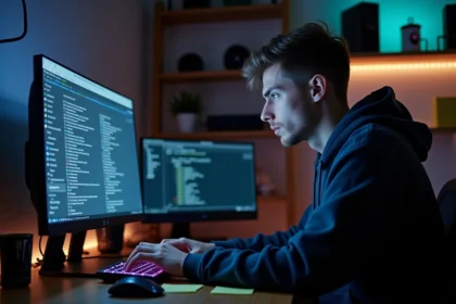 Jeune homme en hoodie naviguant dans les dossiers de cache FiveM sur un PC de bureau dans un bureau gaming