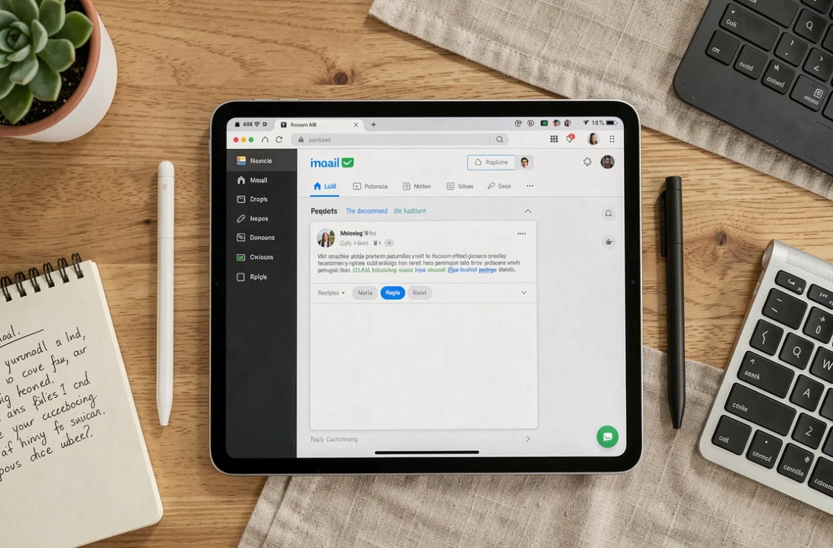 Vue aérienne d'une tablette affichant une interface webmail HCL sur un bureau de travail à domicile