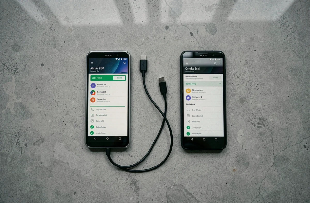 Vue du dessus de deux smartphones Nokia Lumia 930 et Android connectés côte à côte sur surface en béton pour synchronisation de données