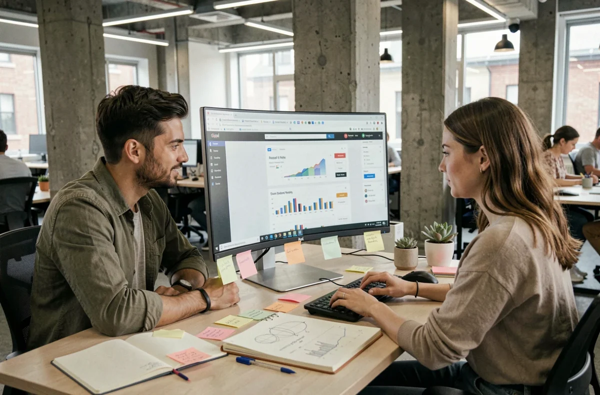 Deux développeurs de l'agence Webance examinent ensemble une maquette de site web responsive sur un grand écran incurvé dans un espace de coworking