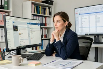 Femme chercheure comparant webmail et Outlook sur deux écrans dans un bureau de recherche INRAE