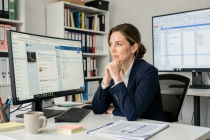Femme chercheure comparant webmail et Outlook sur deux écrans dans un bureau de recherche INRAE