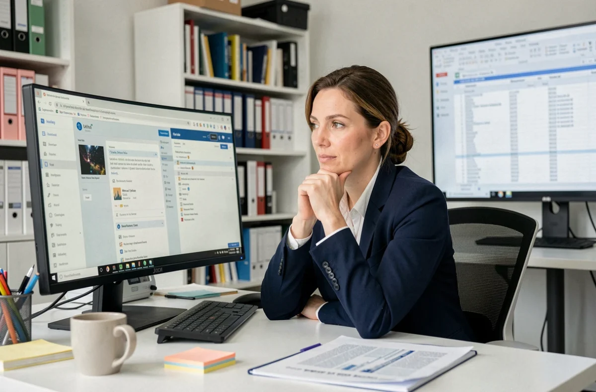 Femme chercheure comparant webmail et Outlook sur deux écrans dans un bureau de recherche INRAE