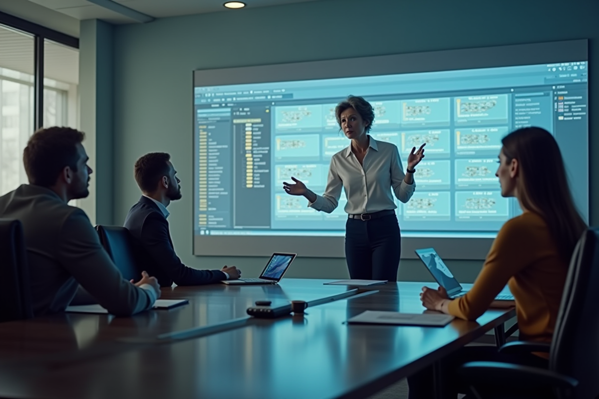 Femme en blouse expliquant architecture logiciel
