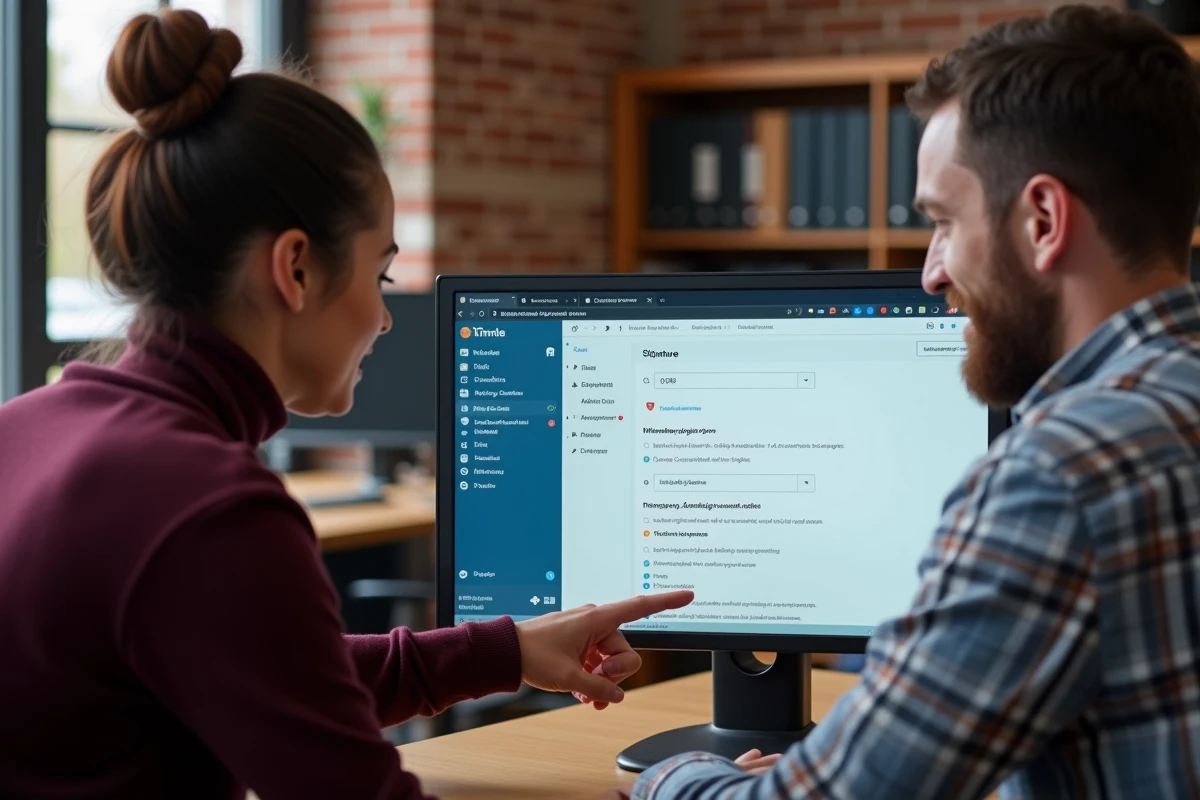 Deux collègues consultant ensemble les réglages de synchronisation et de signature sur Zimbra dans un bureau institutionnel à Lille